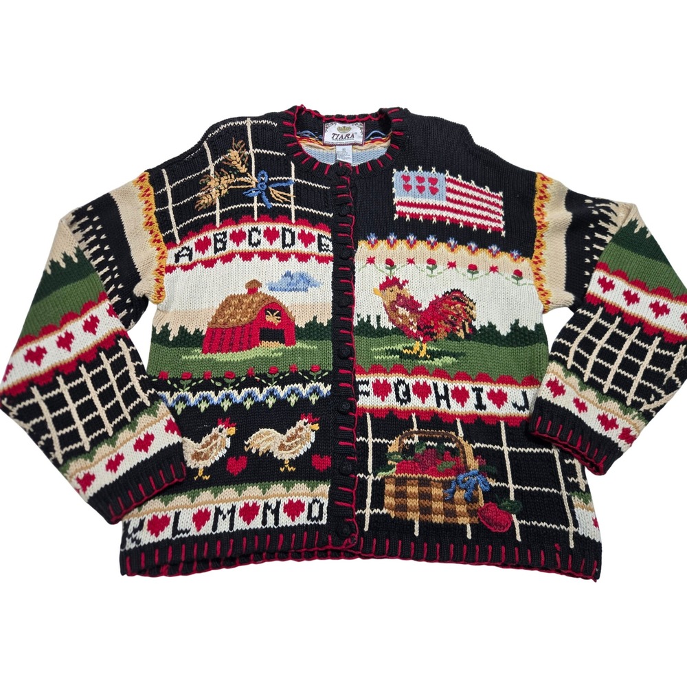 Tiara Cottagecore Farm Scene Patchwork Knit Cardigan Sweater XL